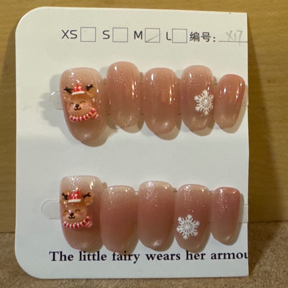 Christmas Press On Nails Medium Oval Reindeer Snowflake Pink Jelly Holiday X17